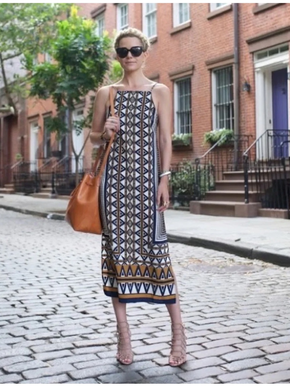 Topshop V-neck Tribal Pattern Midi Slip Dress Size 2 EUC Bloggers Fav